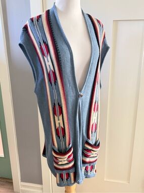 Vintage CHAPS Ralph Lauren Long Aztec Western Sleeveless Cardigan knit Sweater